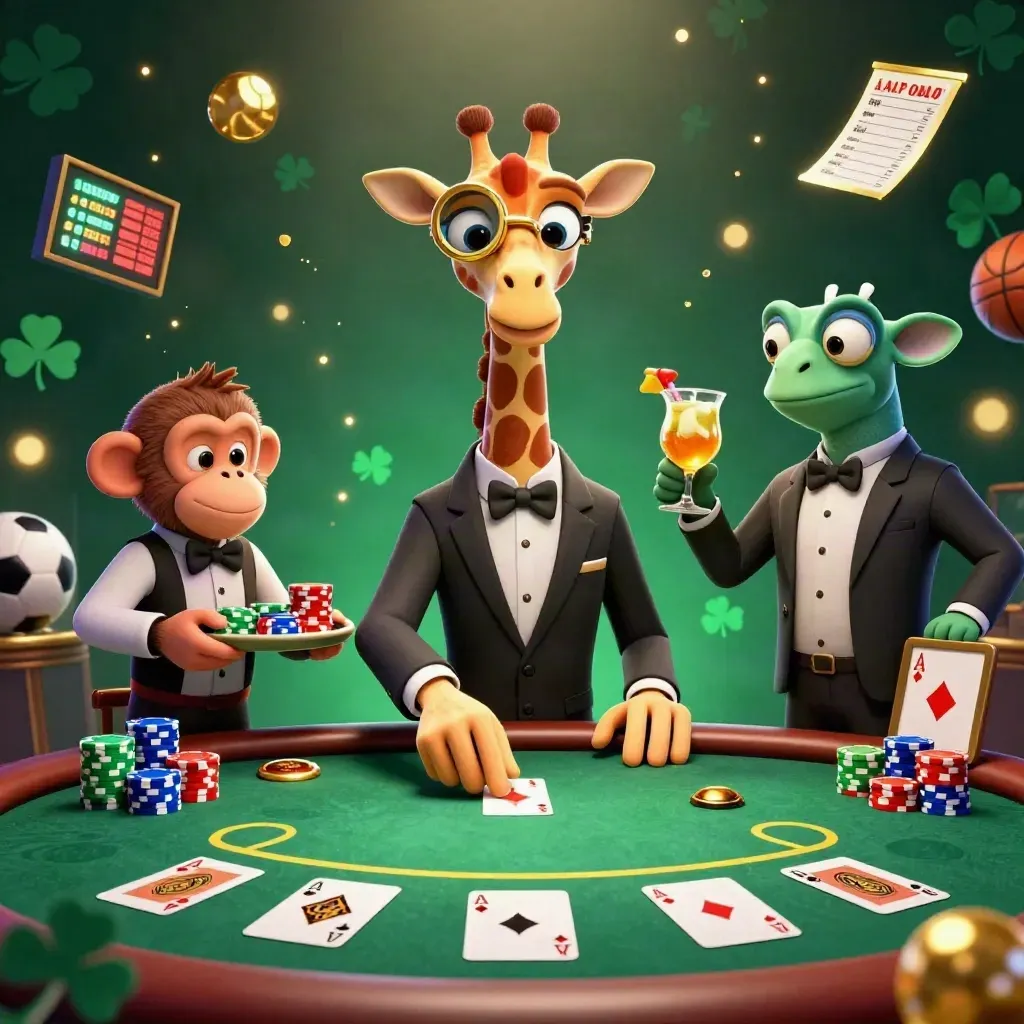 Giraffe, monkey valet, and chameleon bartender around a glowing poker table with chips and balls.