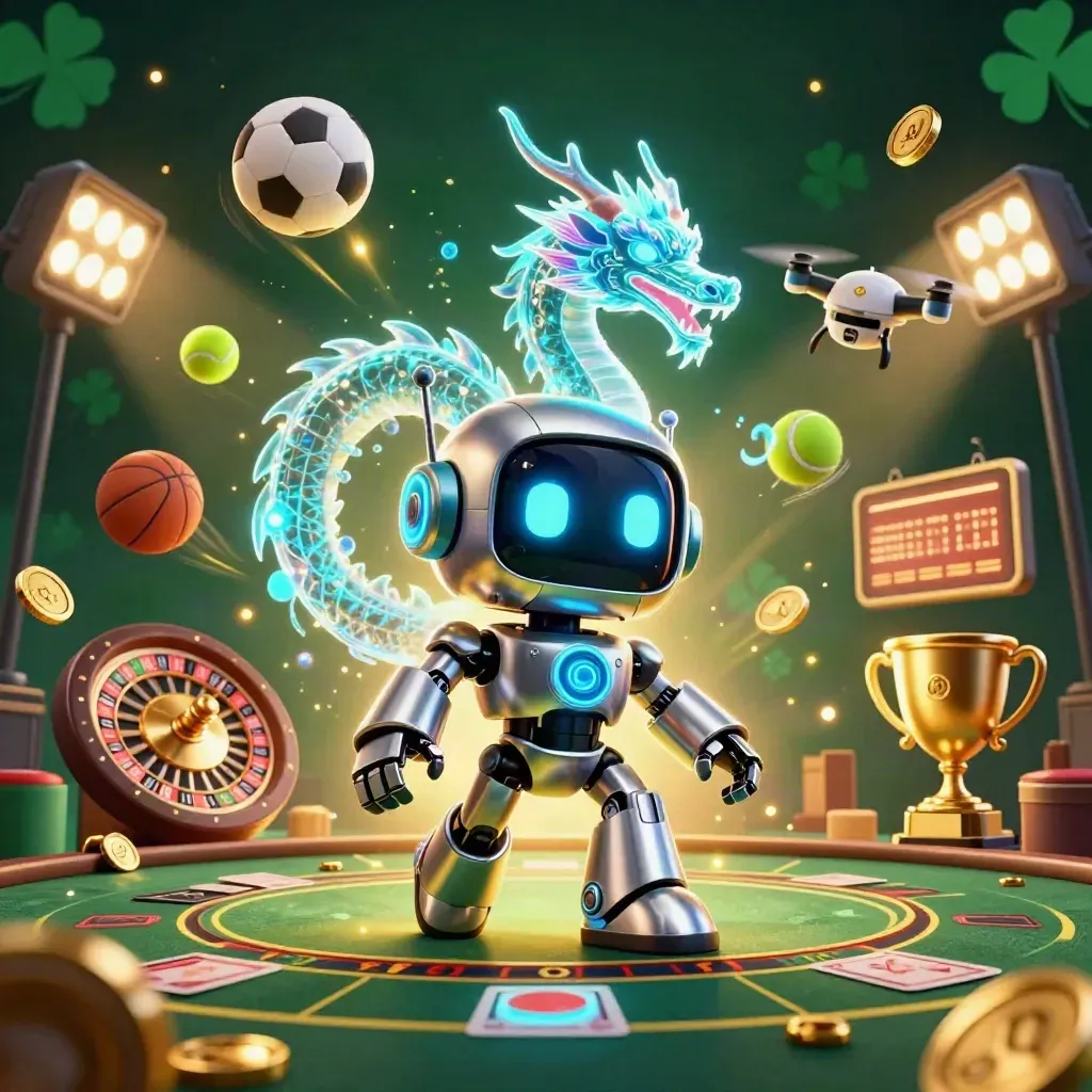 Cyberpunk robot, hologram dragon, and coin drone amid gold casino effects and emerald light.