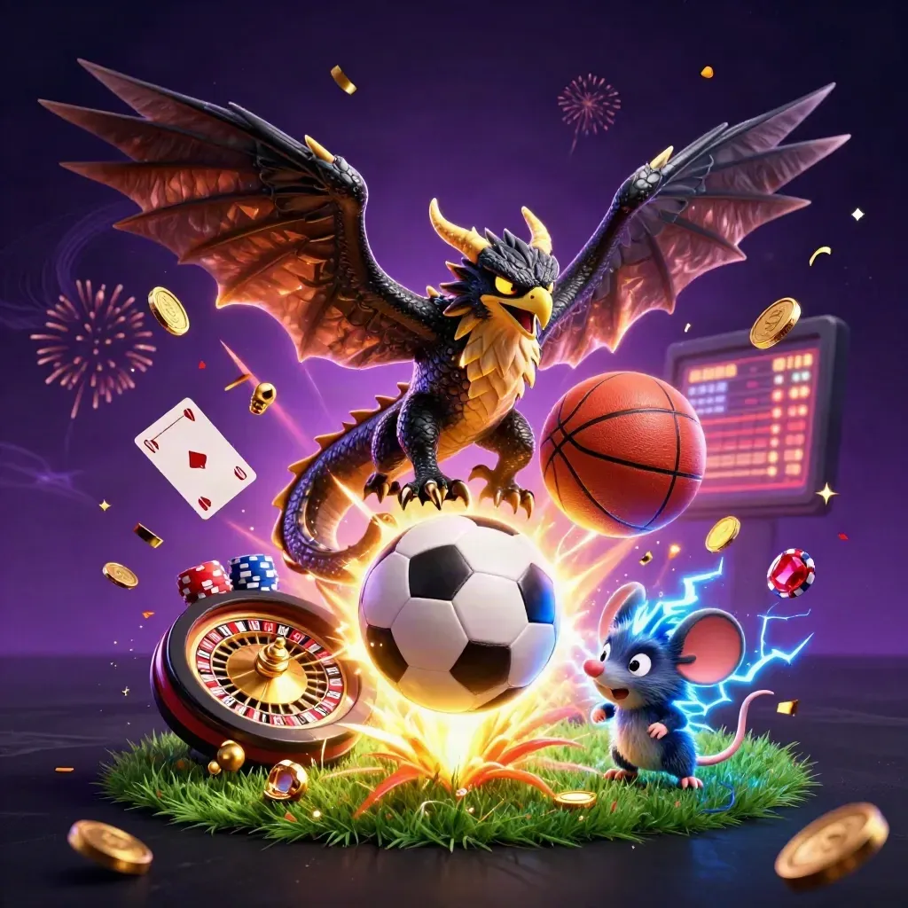 Thunder dragon, hawk and mouse burst around a flying ball, gold coins and casino cards.