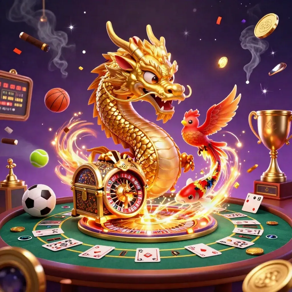 Golden dragon with phoenix and koi amid casino lights, coins, roulette wheel, sports balls, and fireworks.