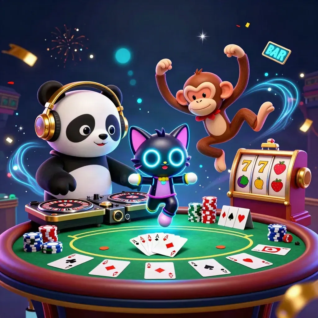 DJ panda, monkey, and glow-stick kitten with casino props, chips, fireworks, and neon energy
