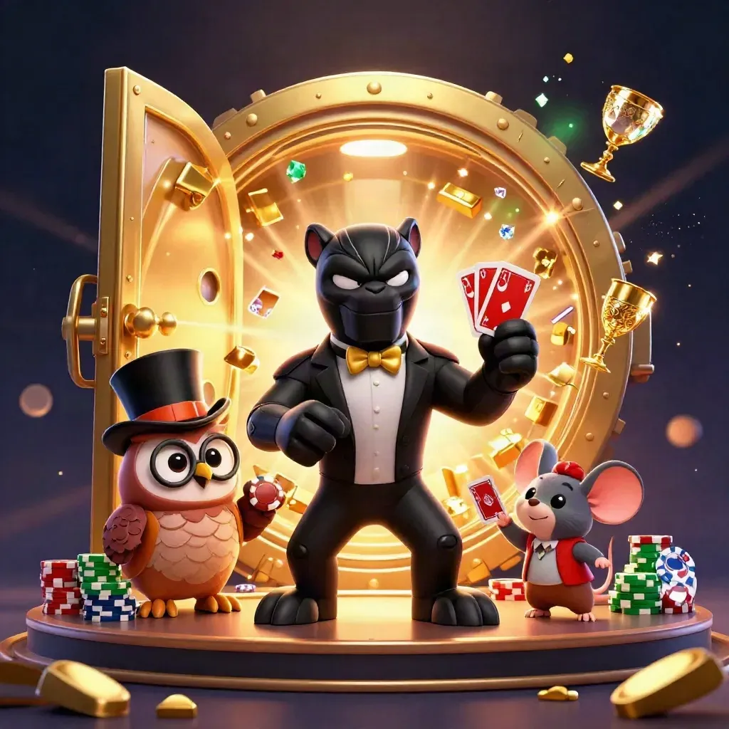Black panther, owl and mouse burst from a treasure vault amid gold and gems.
