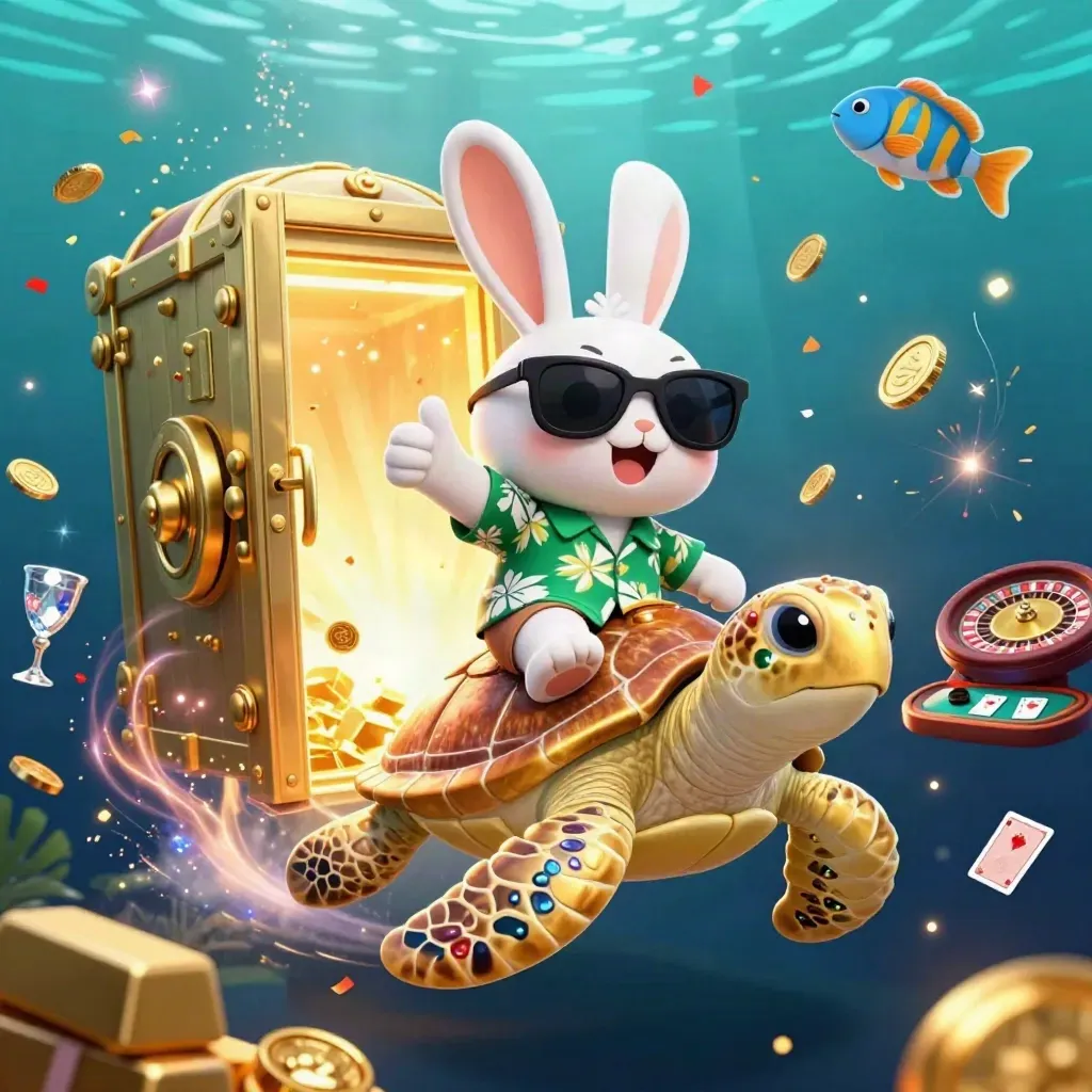 Lucky rabbit rides a jeweled sea turtle as a vault bursts with coins and fireworks.