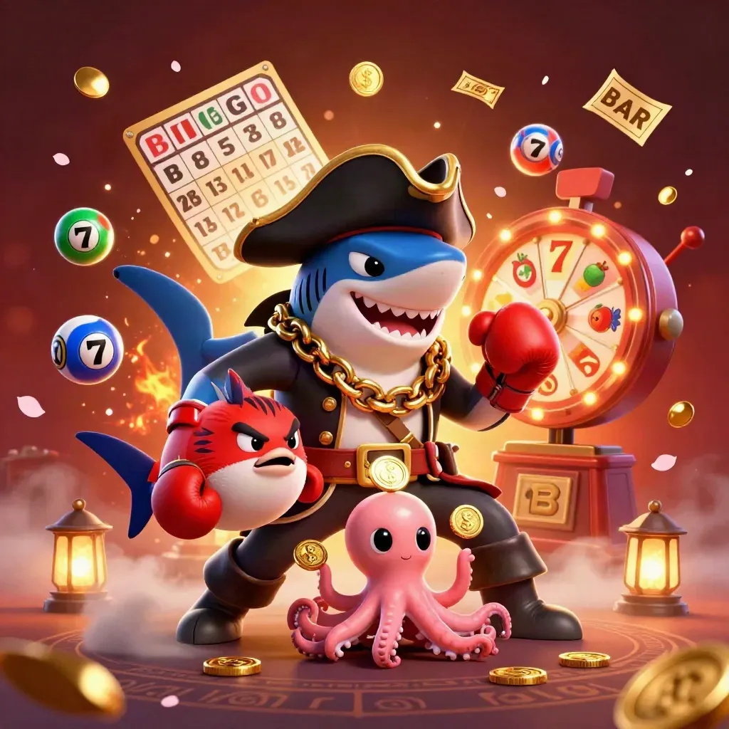 Pirate shark, boxing pufferfish, and coin-juggling octopus amid casino treasure effects.